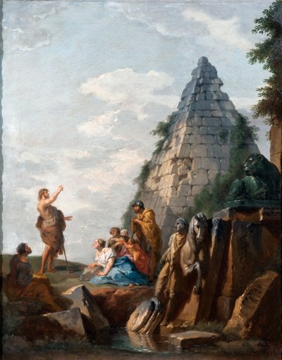 Capriccio met de prediking van Johannes de Doper, de Piramide van Cestius en andere klassieke monumenten door Giovanni Paolo Pannini